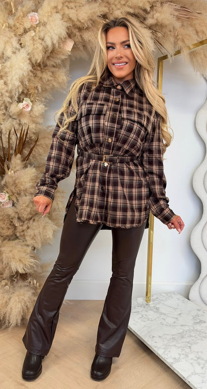 PLAID BELT BLOUSE 3098 COFFEE