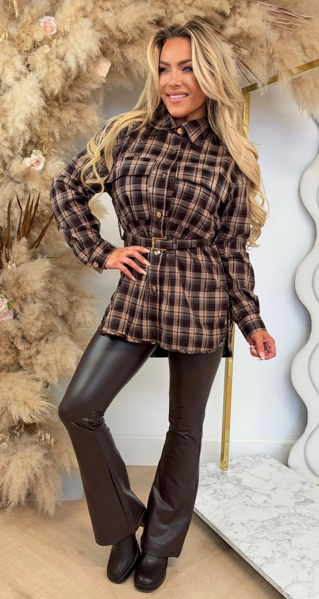 PLAID BELT BLOUSE 3098 COFFEE
