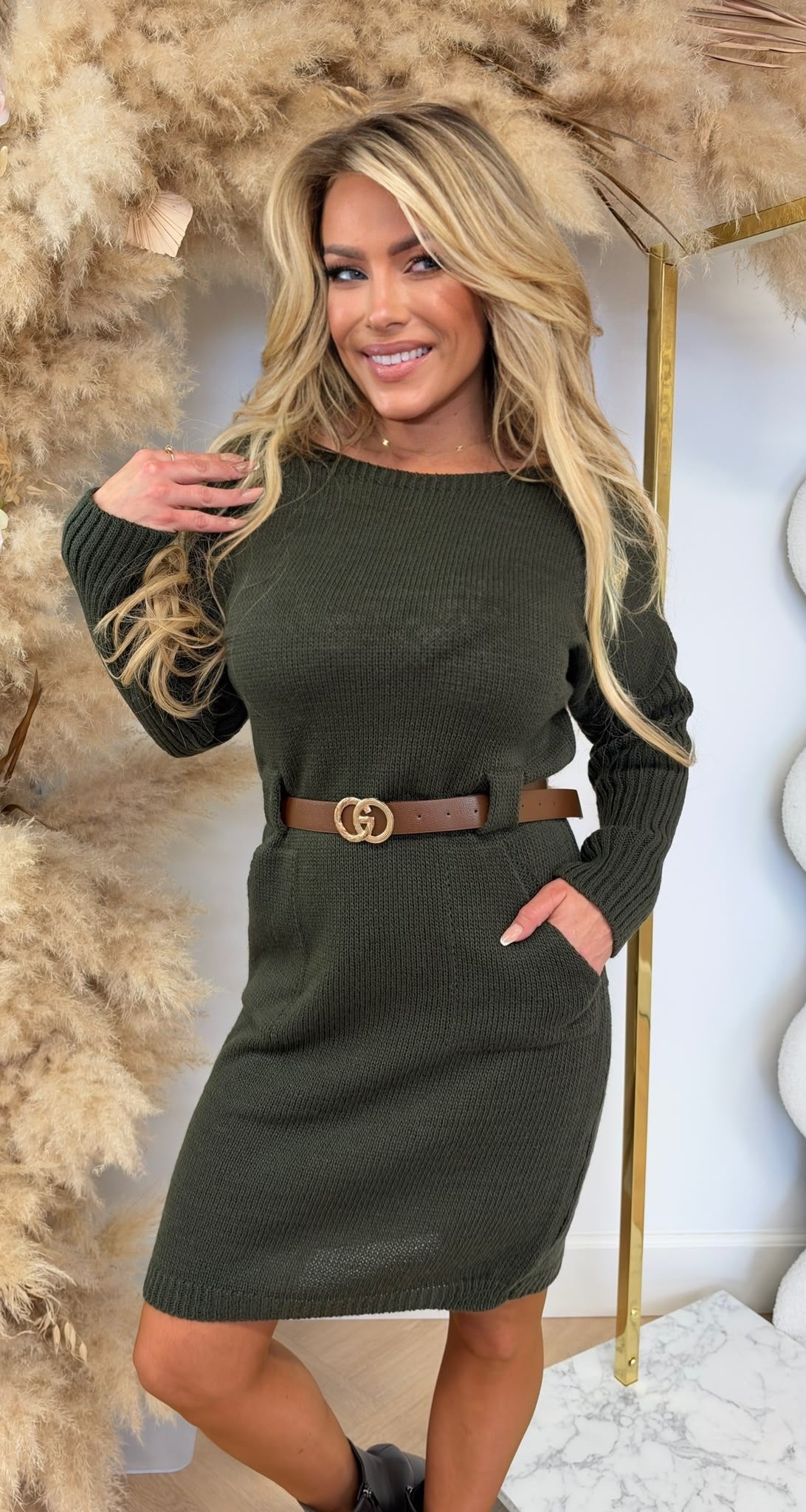 MANUELA KNITTED BELT DRESS ARMYGREEN