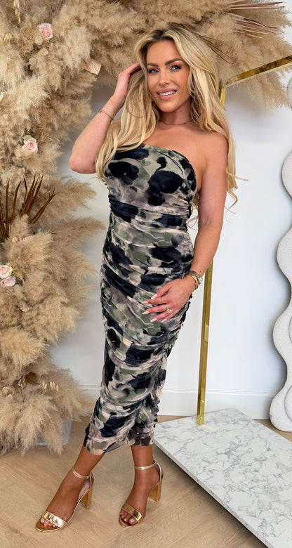 STRAPLESS RUCHED MESH DRESS BLACK/BEIGE/GREEN