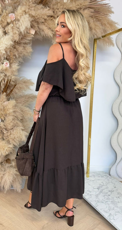 ARIA RUFFLE MAXI DRESS CHOCO