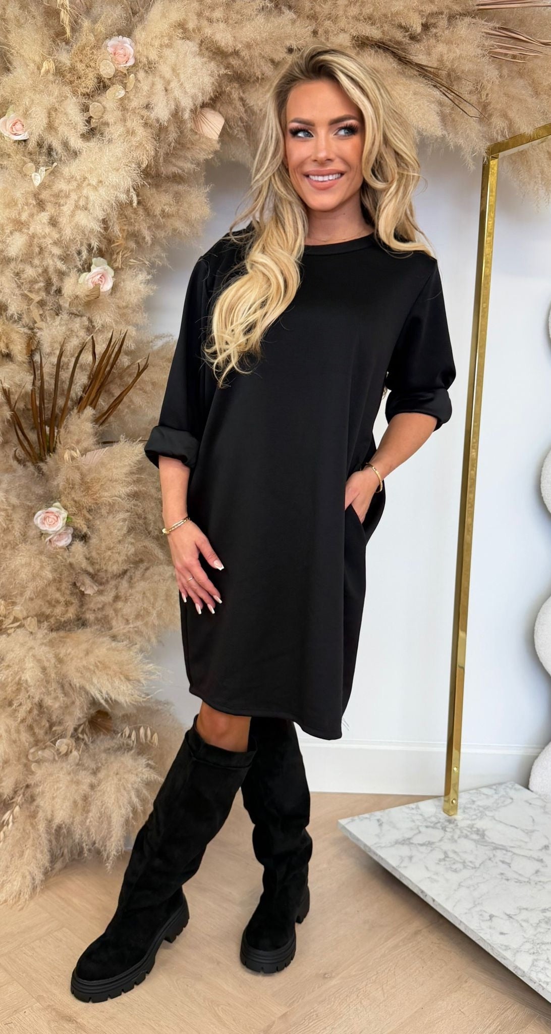 MODA FOLDED SLEEVE LONG TEE BLACK