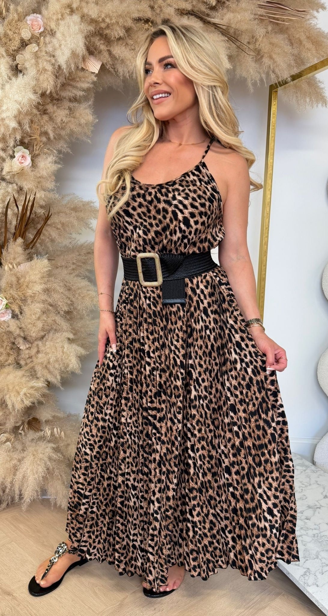 PLISSE BASIC SPAGHETTI DRESS LEOPARD/CHOCO