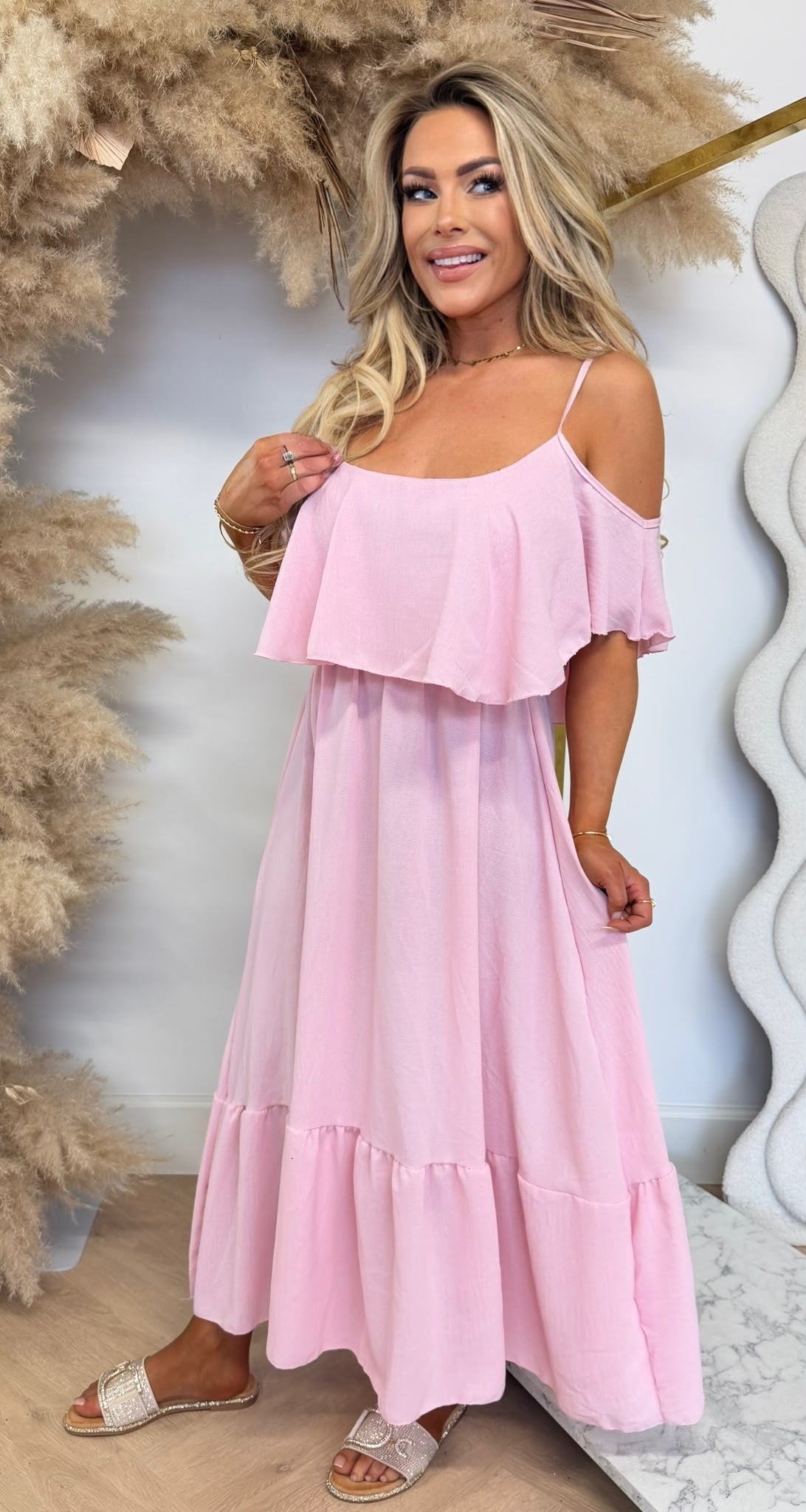 ARIA RUFFLE MAXI KLEID FUCHSIA