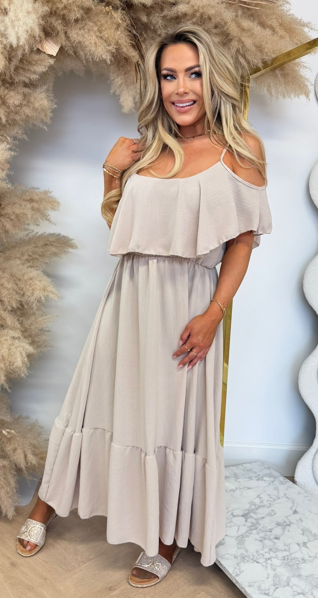 ARIA RUFFLE MAXI DRESS BEIGE