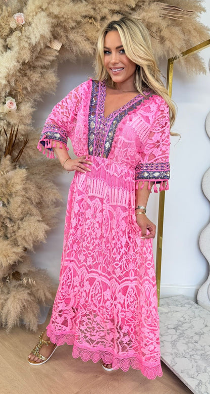 MADRID BOHO MAXI DRESS NEONPINK
