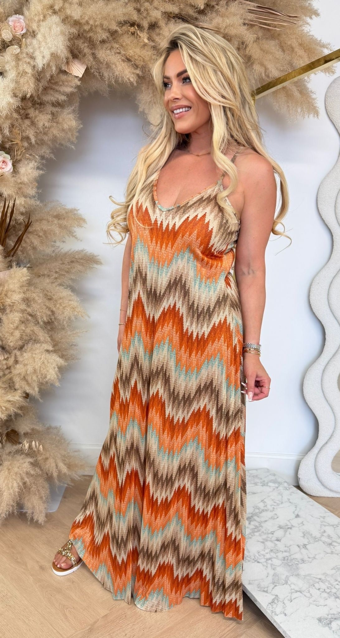 PLISSE BASIC SPAGHETTI DRESS GLITTER/BEIGE