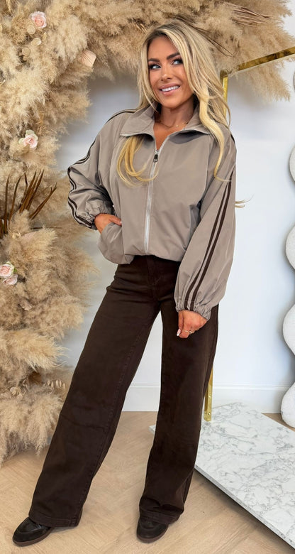 PUFFY OVERSIZED STRIPE BOMBER TAUPE
