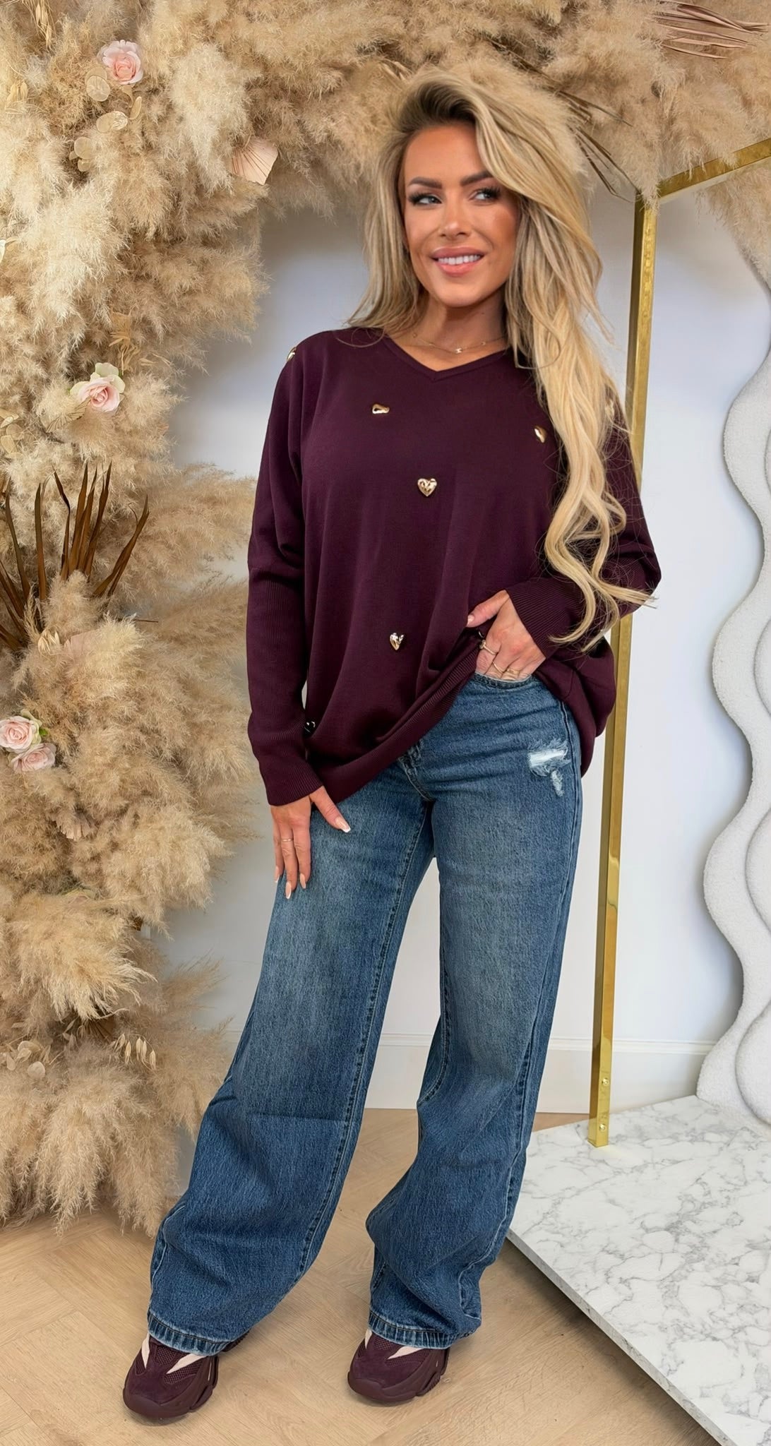 HARTJES OVERSIZED V NECK SWEAT 1077 BORDEAUX
