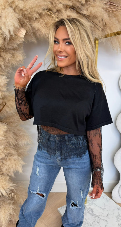 KNITTED CROPPED LACE TOP 20885 BLACK