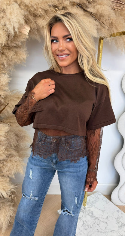 KNITTED CROPPED LACE TOP 20885 CHOCO