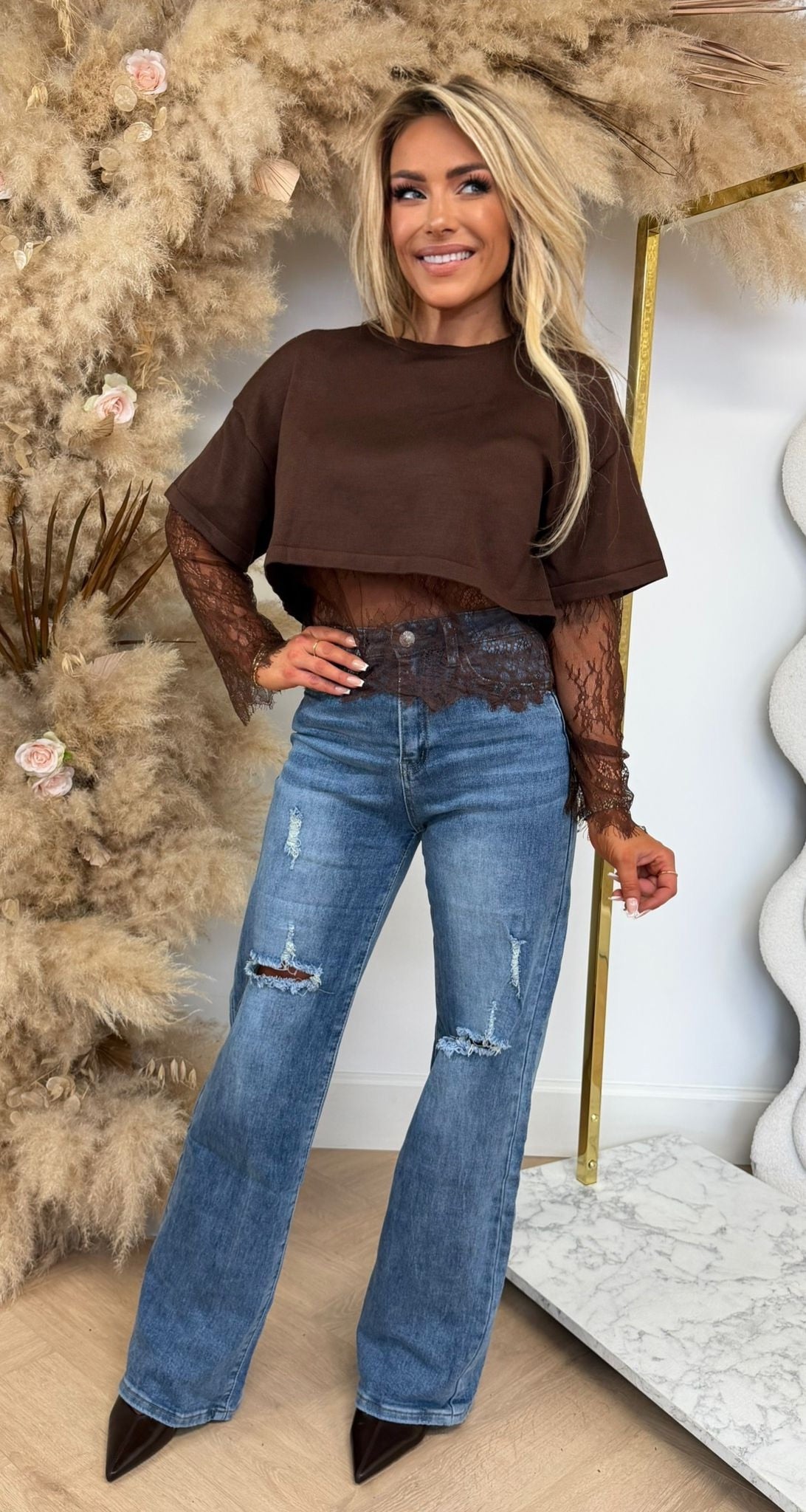 KNITTED CROPPED LACE TOP 20885 CHOCO