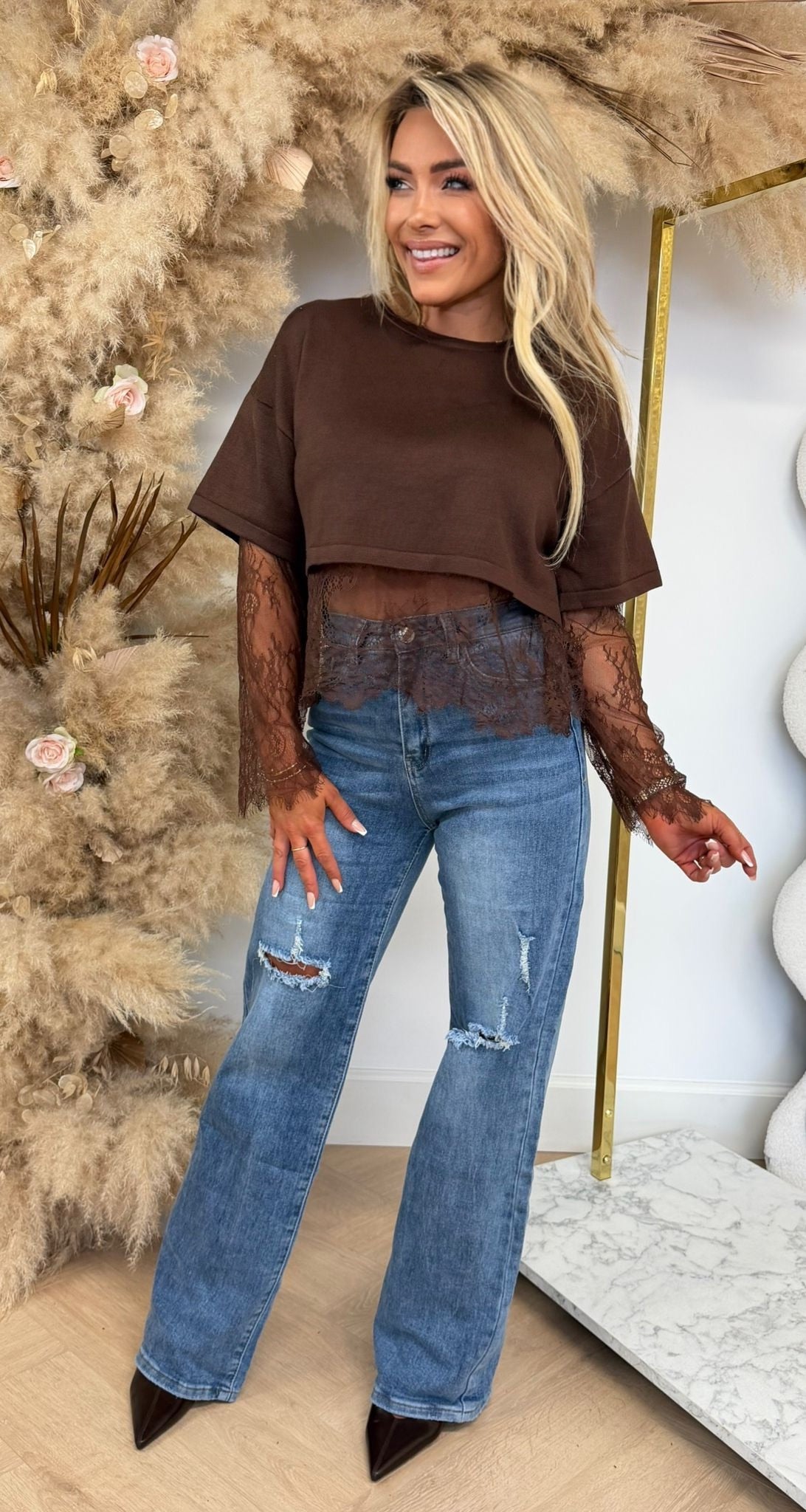 KNITTED CROPPED LACE TOP 20885 CHOCO