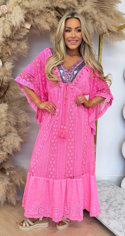 SPAIN MAXI BOHO DRESS NEONPINK