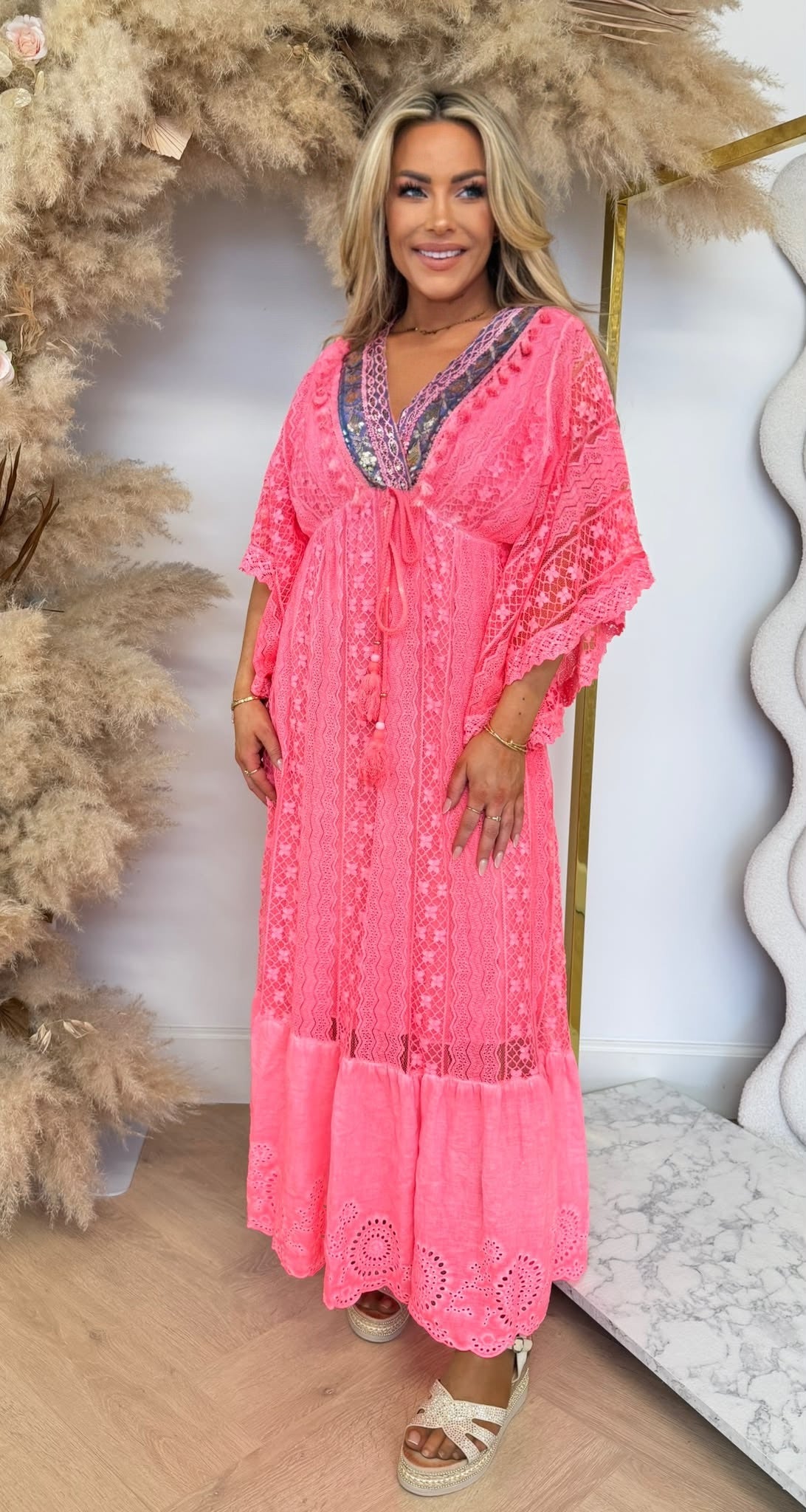 SPAIN MAXI BOHO DRESS NEONCORAL