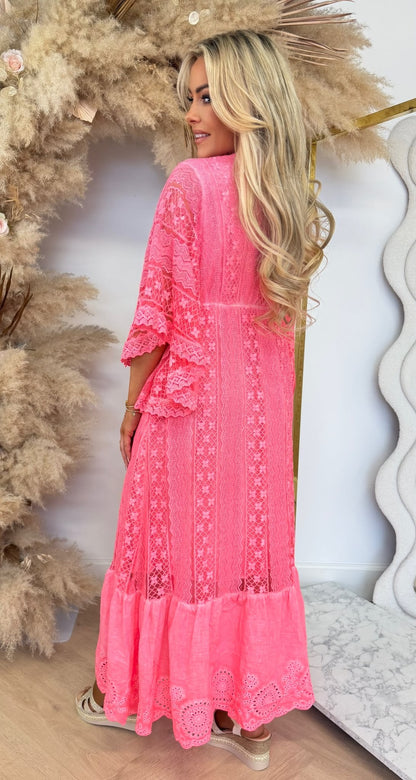 SPAIN MAXI BOHO DRESS NEONCORAL