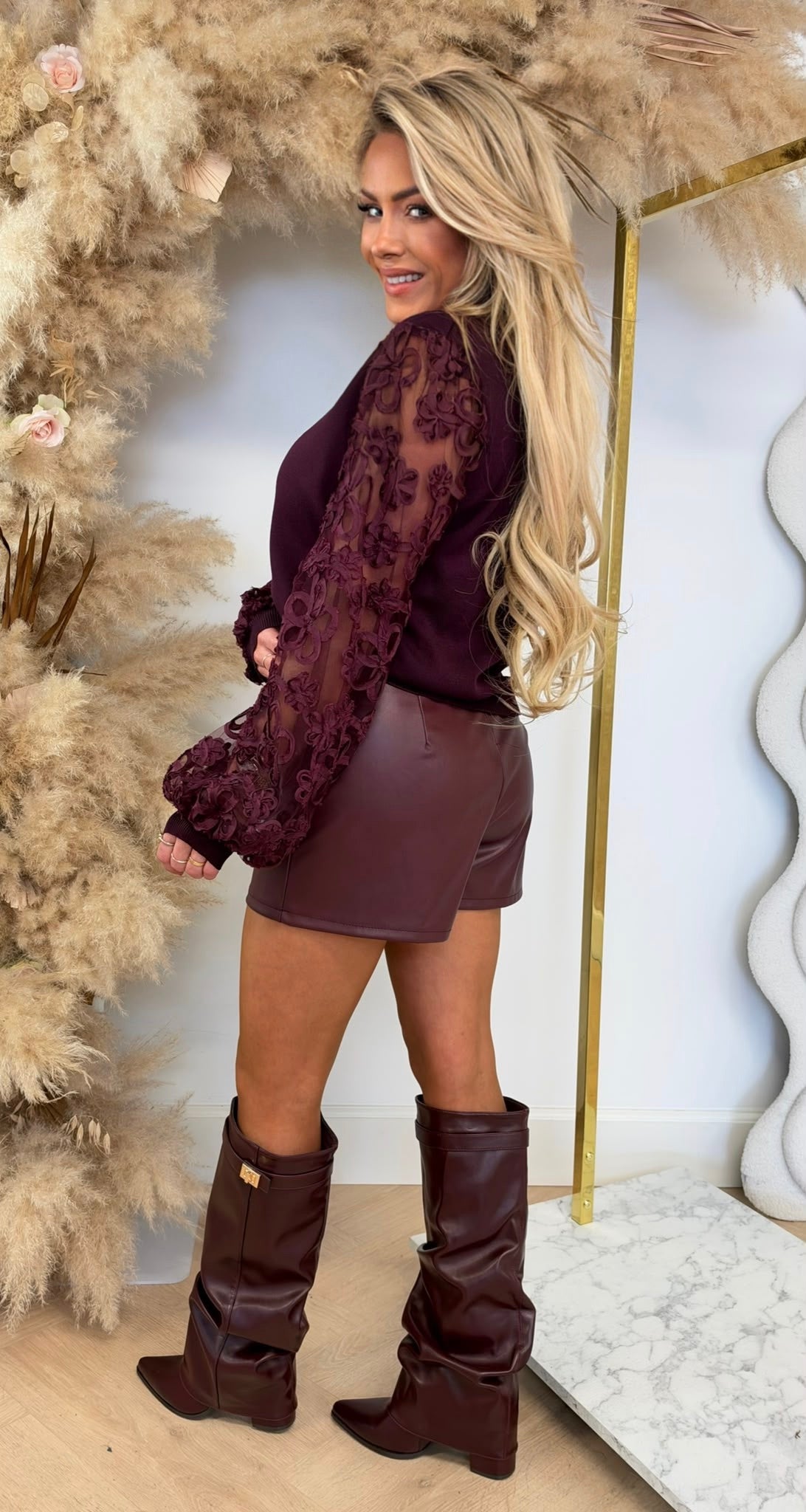 LUXURY MESH FLOWER SLEEVE VESTJE 2717 BORDEAUX