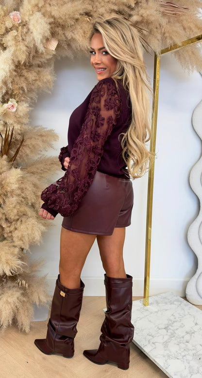 LUXURY MESH FLOWER SLEEVE VESTJE 2717 BORDEAUX