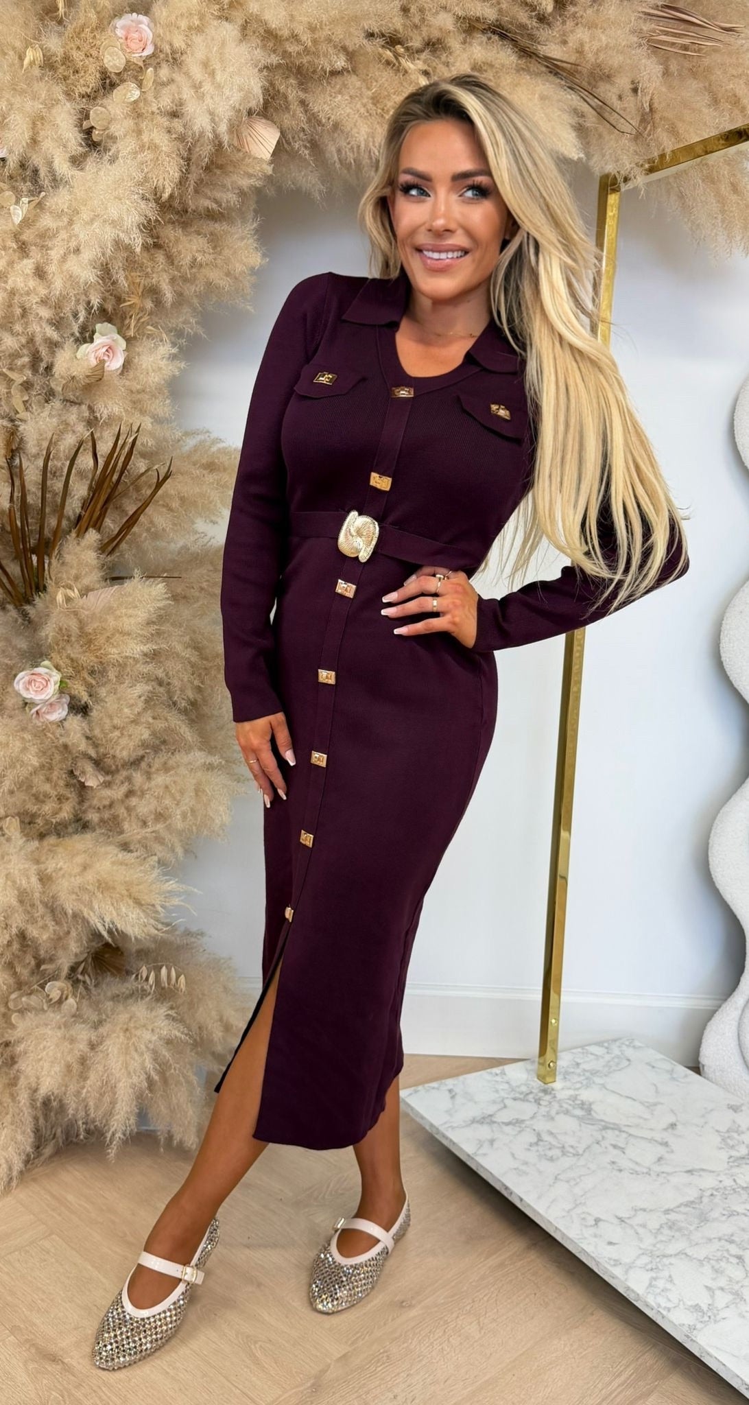 GOLDY DETAIL STRETCH DRESS 6096 BORDEAUX