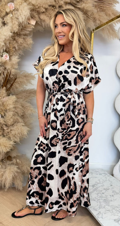 NEW TRAVEL LEO PRINT DRESS CREME