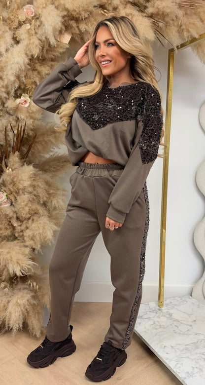 XELLY VELVET SEQUINS SET TAUPE