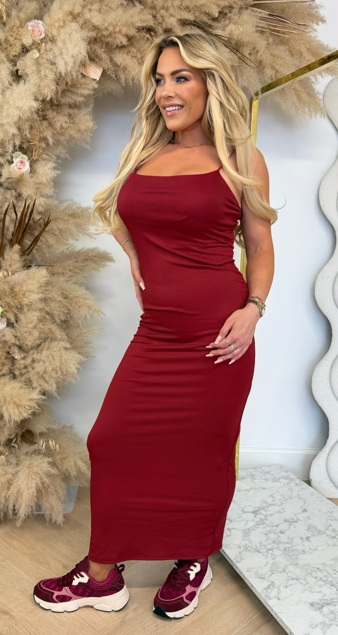 ELISA RIBBED SPAGHETTI DRESS BORDEAUX