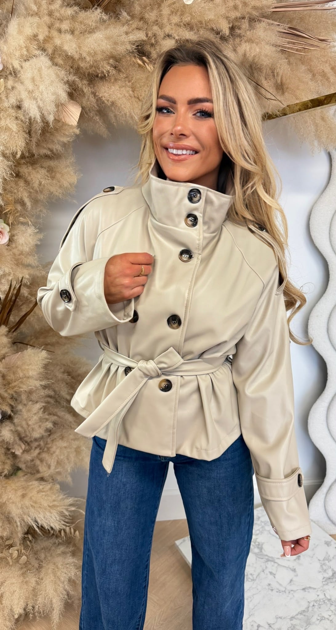 JENNIFER TAILLE BELT LEATHER LOOK JACKET BEIGE