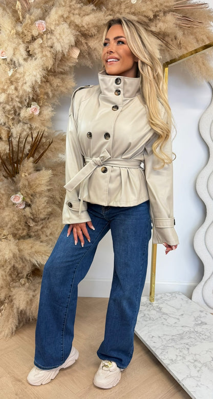 JENNIFER TAILLE BELT LEATHER LOOK JACKET BEIGE