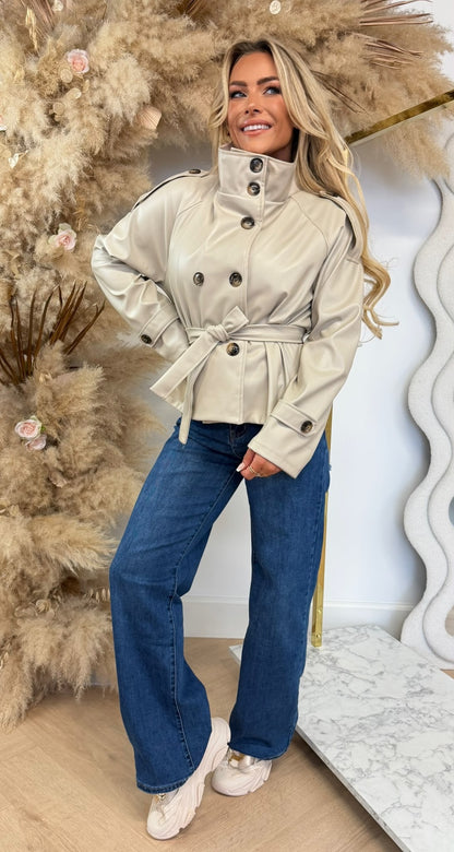JENNIFER TAILLE BELT LEATHER LOOK JACKET BEIGE