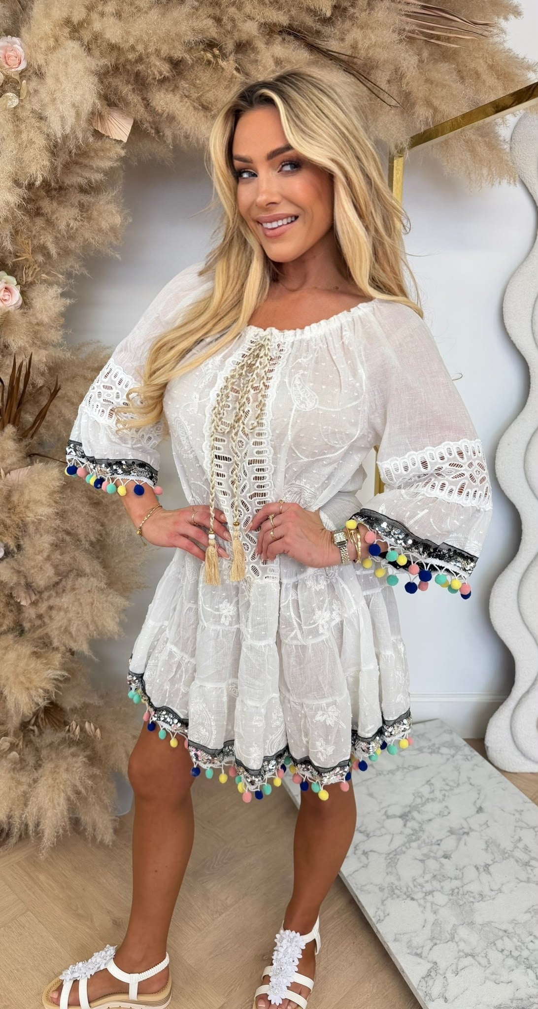PONPON IBIZA VIBES DRESS WHITE