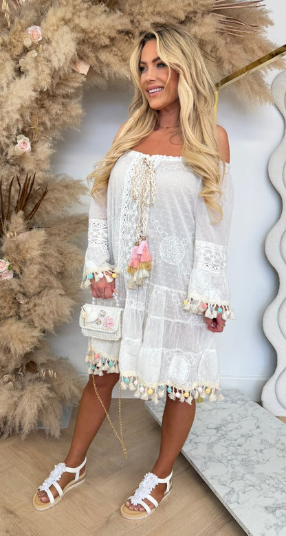 PONPON IBIZA VIBES DRESS WHITE/SILVER