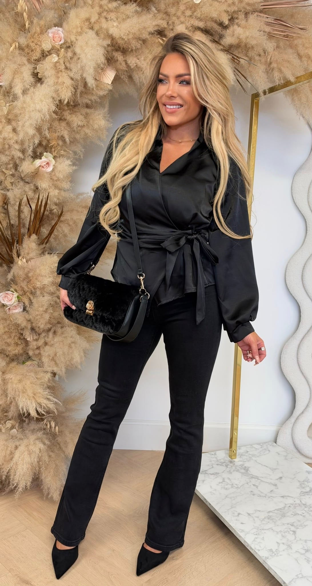 ELIZA SATIN BOW BLOUSE BLACK