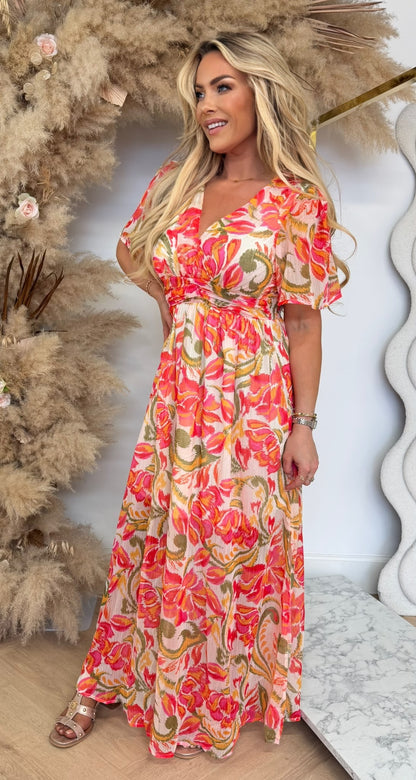 SAVANNE MAXI DRESS 5544 OLIVE/YELLOW/CORAL