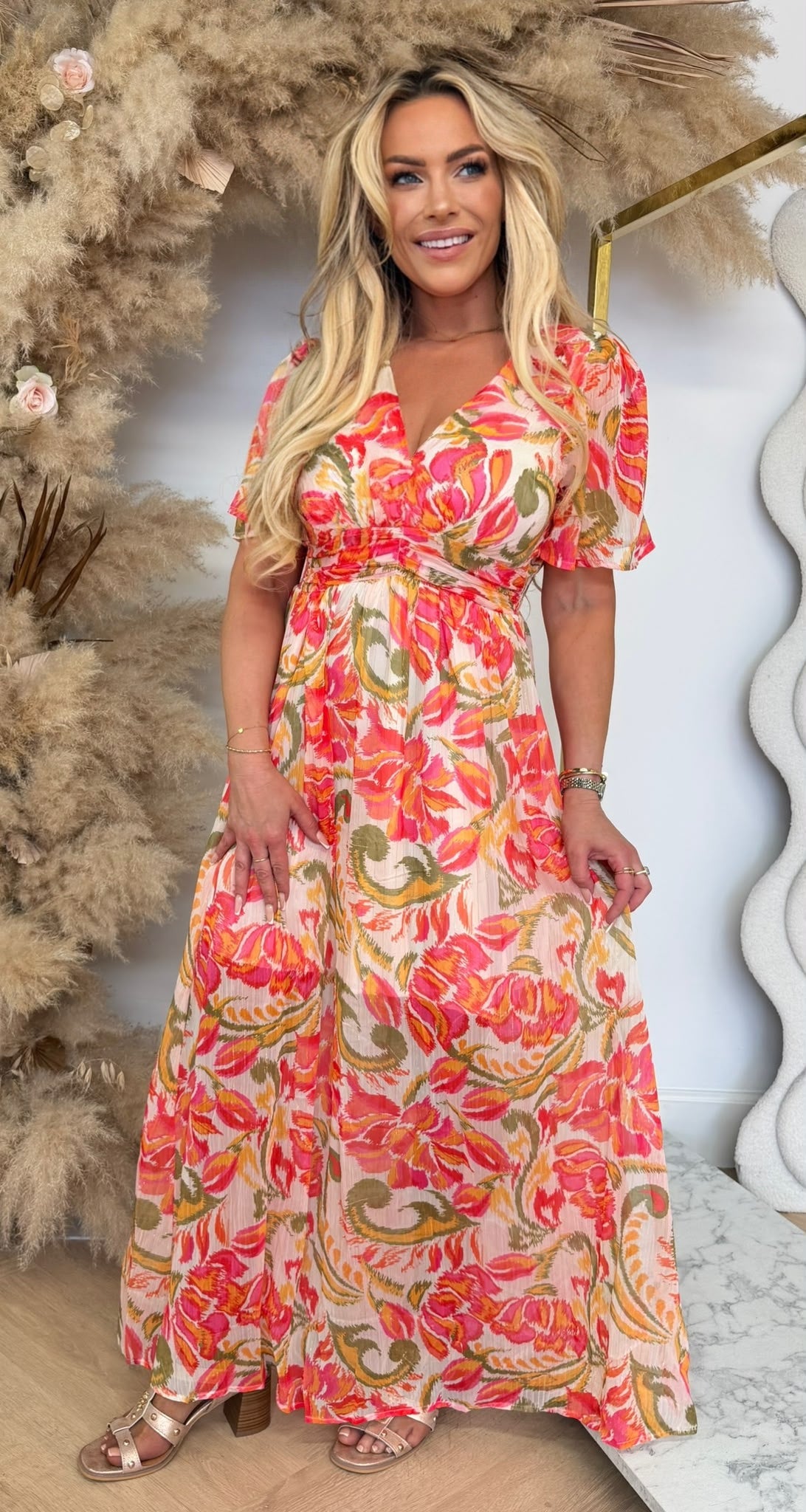 SAVANNE MAXI DRESS 5544 OLIVE/YELLOW/CORAL