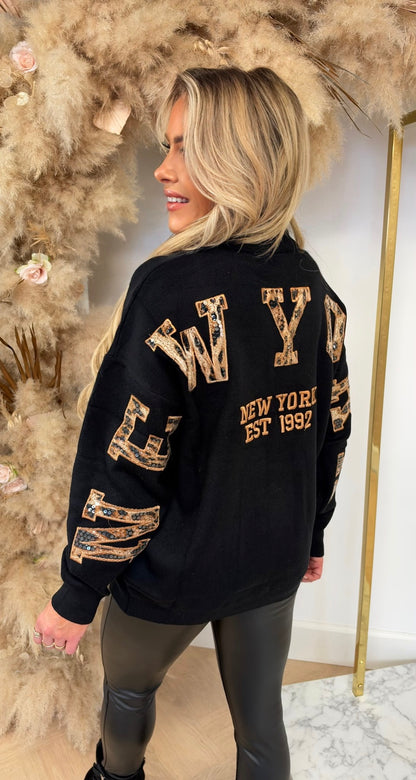 NEW YORK LEOPARD SEQUIN TEKST SWEAT 10420 BLACK