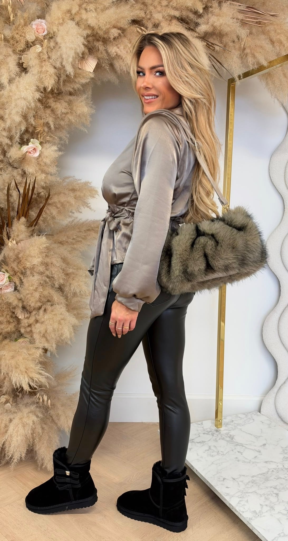 ELIZA SATIN BOW BLOUSE TAUPE