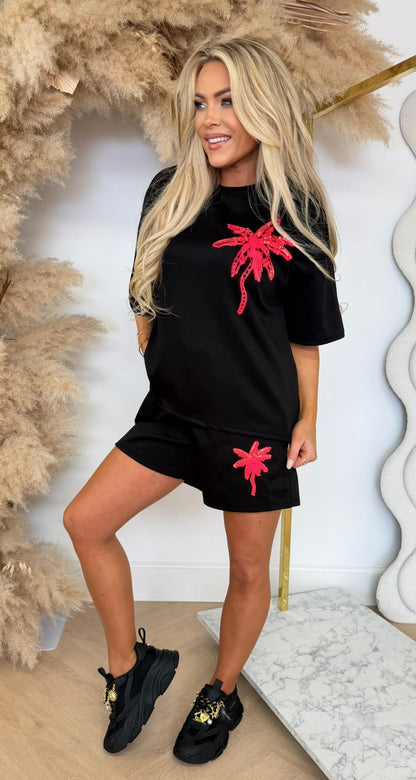 KNITTED PALMTREE SHORT SET BLACK