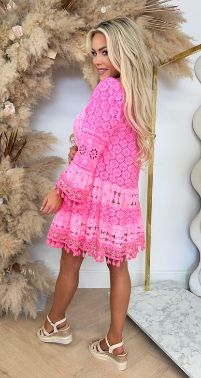 TROPICAL BOHEMIAN DRESS NEONPINK