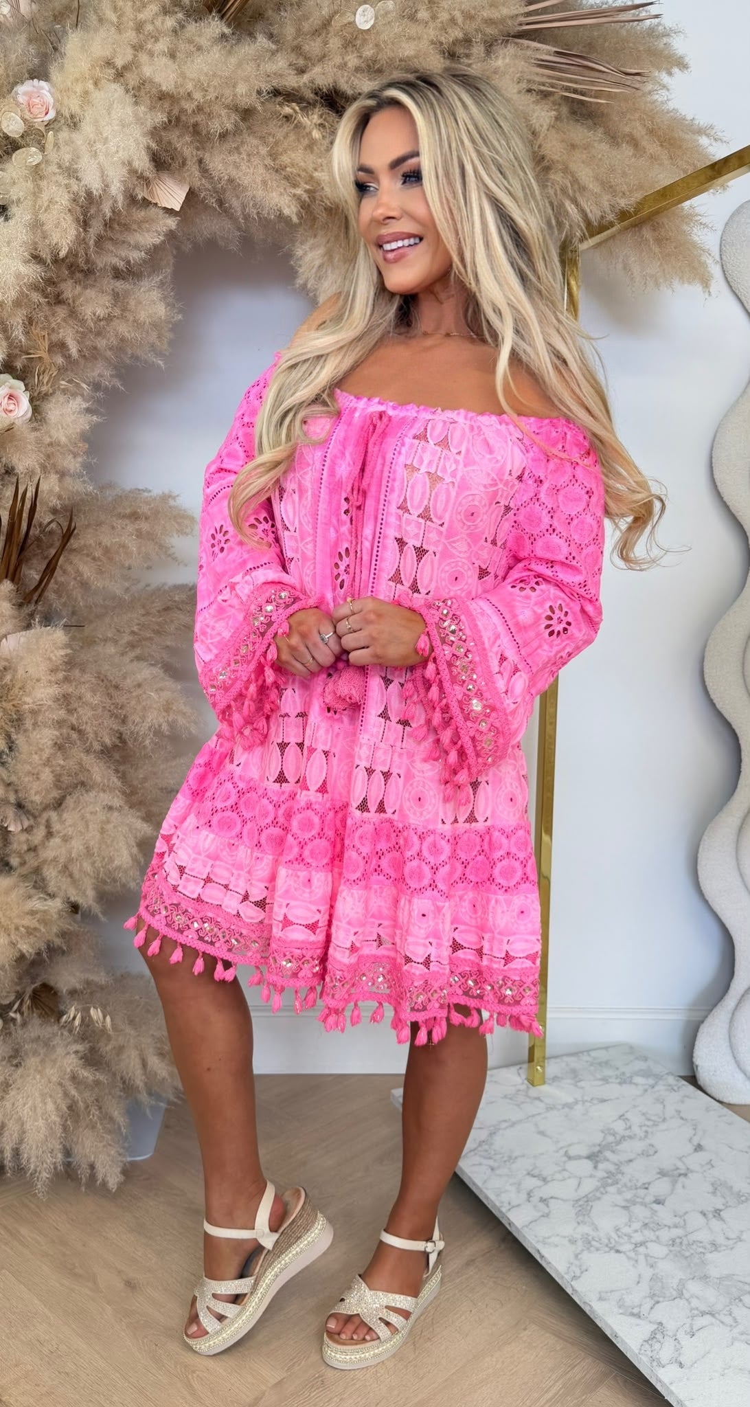 TROPICAL BOHEMIAN DRESS NEONPINK