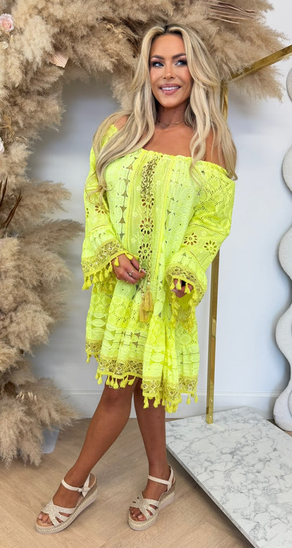 TROPICAL BOHEMIAN DRESS NEONYELLOW