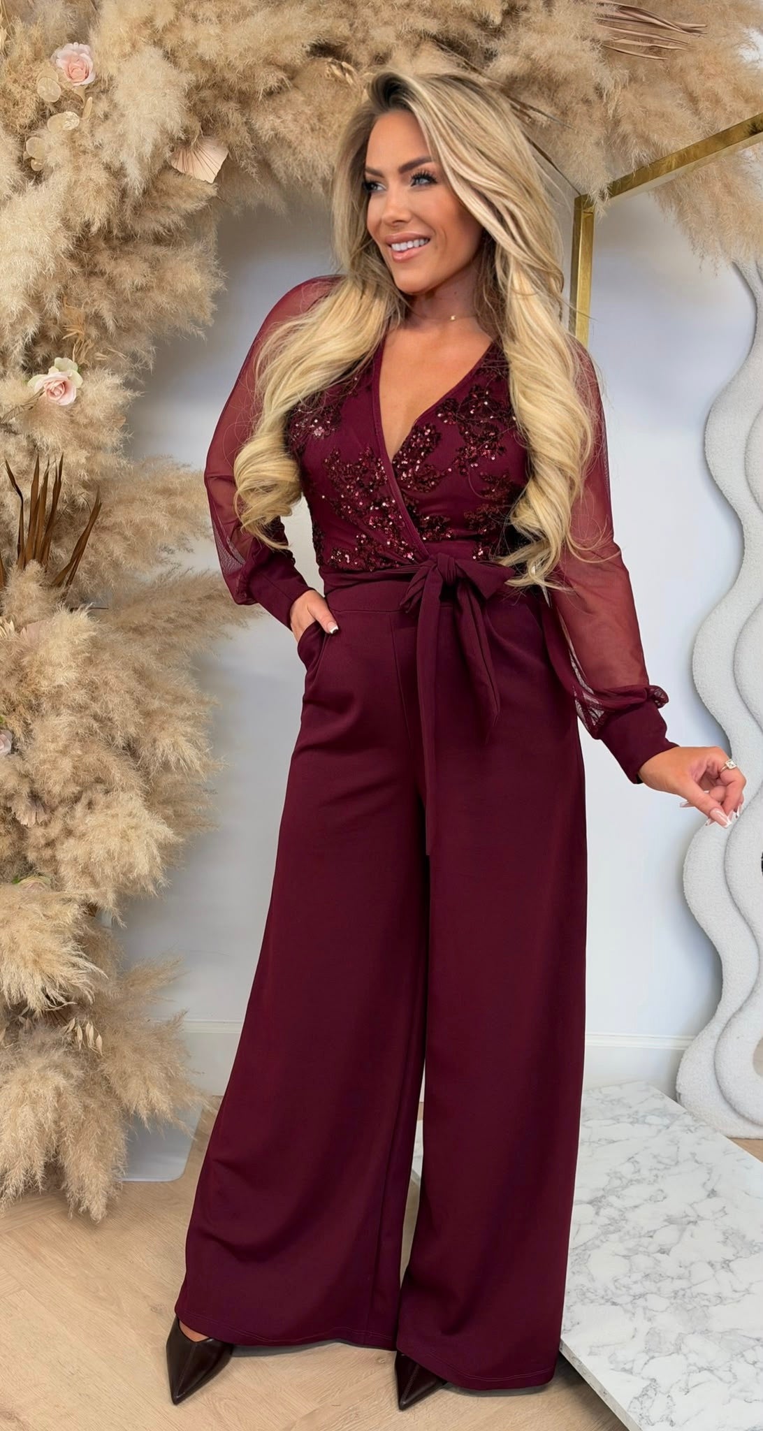 EMBER SEQUINS LEAF JUMPSUIT BORDEAUX