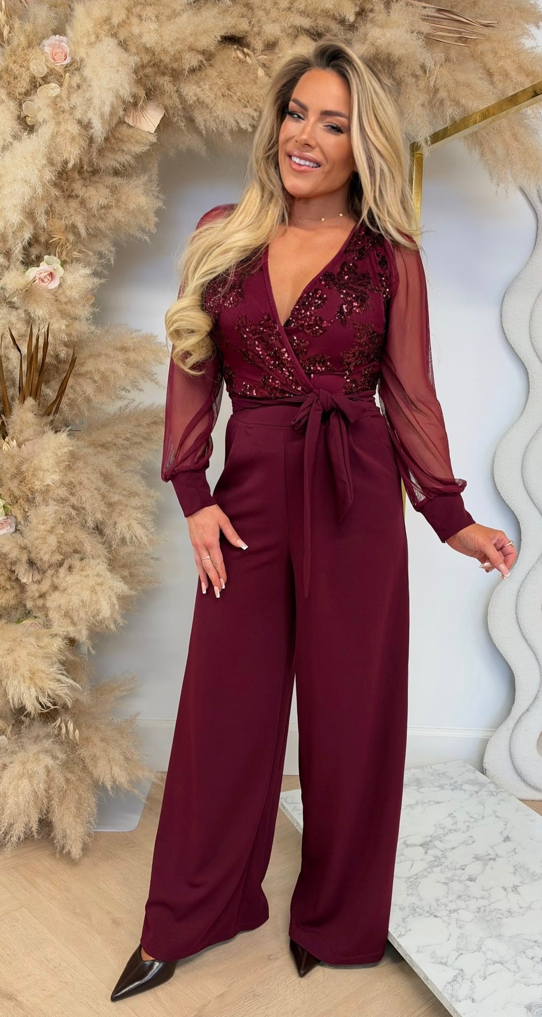 EMBER SEQUINS LEAF JUMPSUIT BORDEAUX