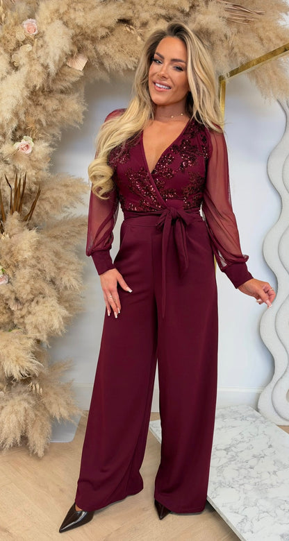 EMBER SEQUINS LEAF JUMPSUIT BORDEAUX