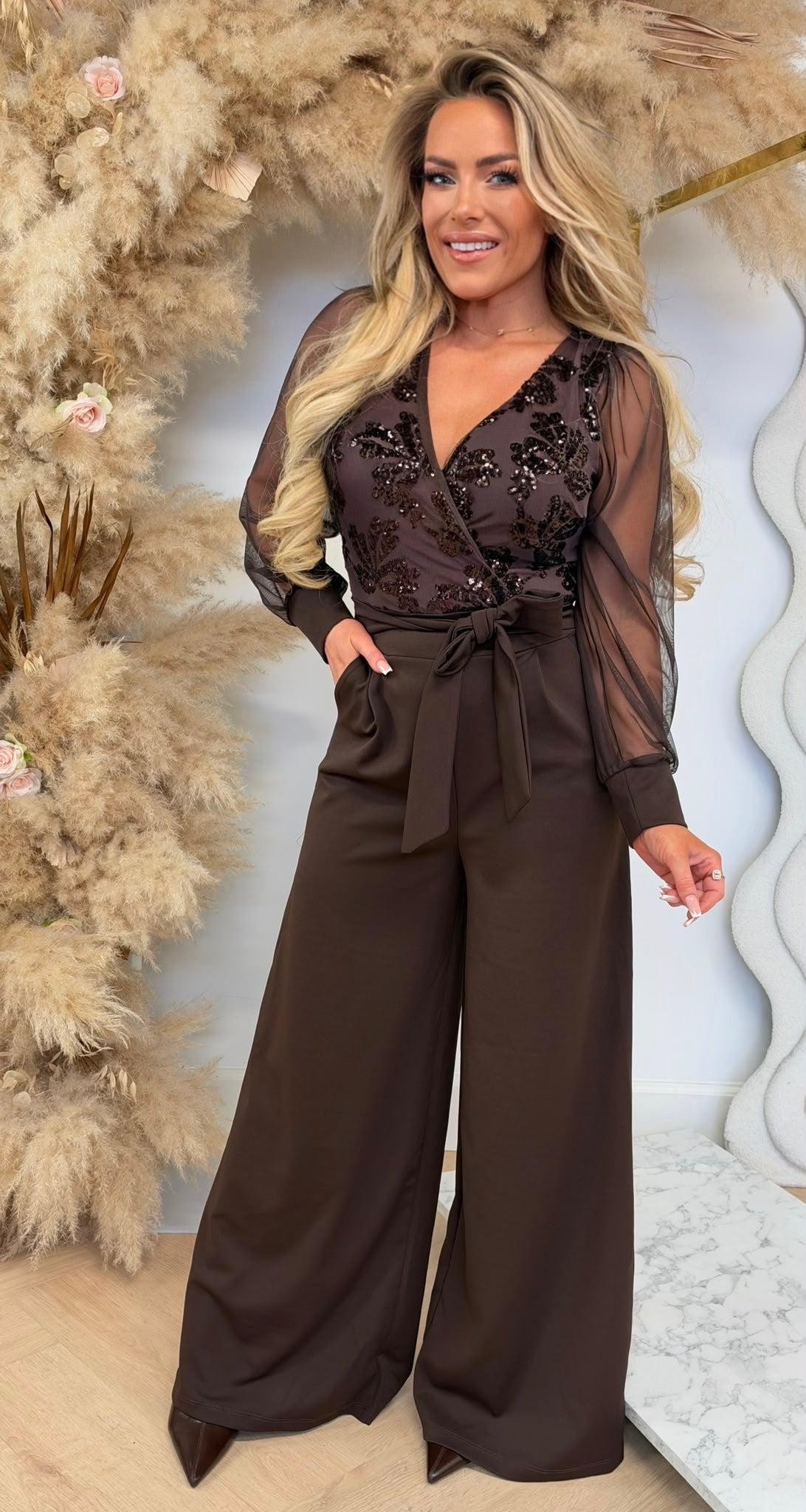 EMBER SEQUINS LEAF JUMPSUIT CHOCO