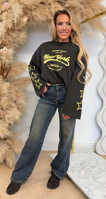 NEW YORK STAR SLEEVES OVERSIZED SHIRT YELLOW/CHOCO