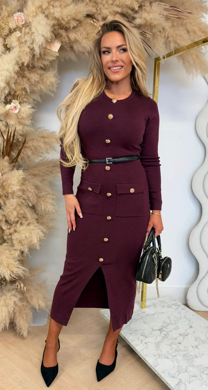 BUTTON CHIQUE DRESS + BELT 5777 WINE