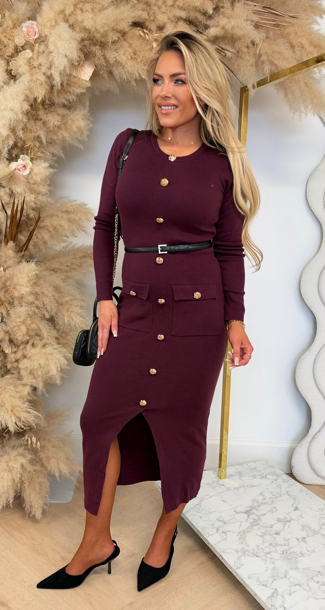 BUTTON CHIQUE DRESS + BELT 5777 WINE