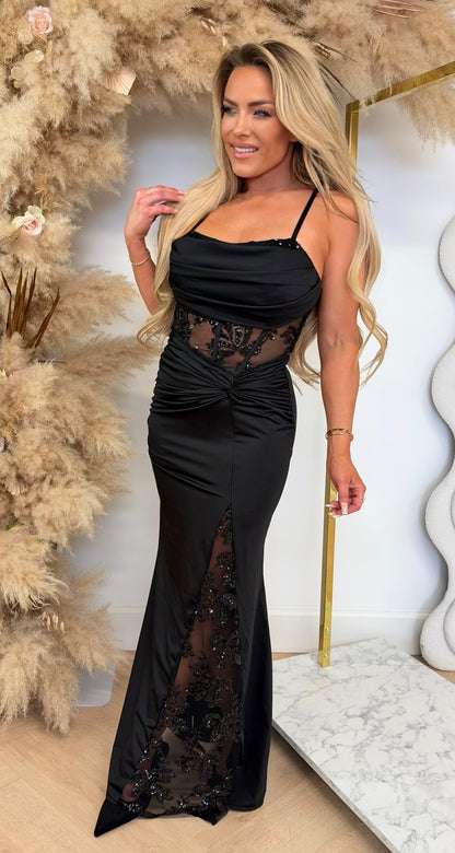 GALA LEAF SEQUIN SPAGHETTI DRESS BLACK