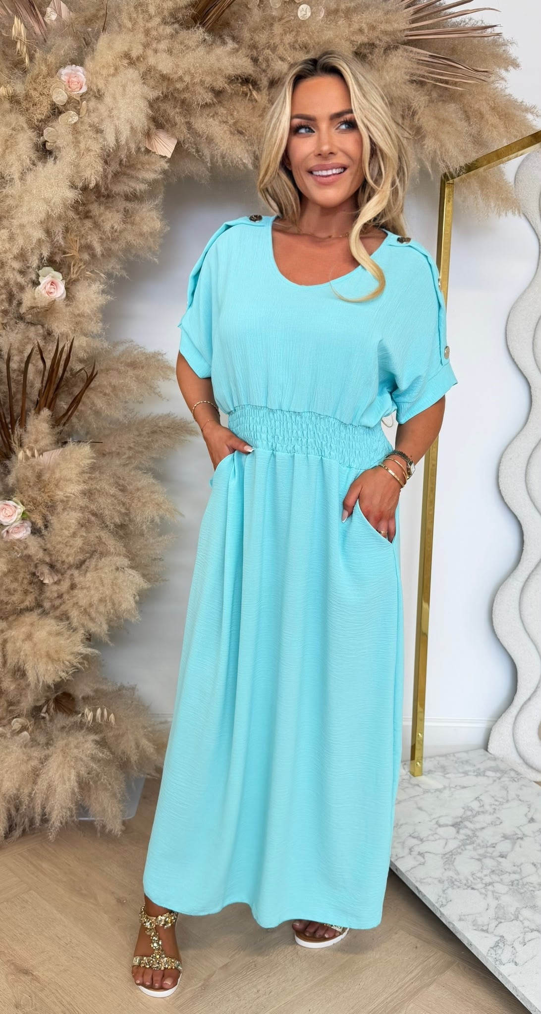 BUTTON POCKET DRESS AQUA