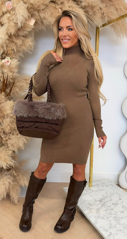 RIB TURTLE NECK DRESS 10029 CHOCO